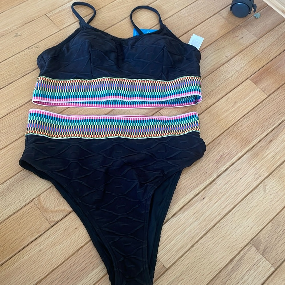 Black Swimsuit with Colorful Stripes